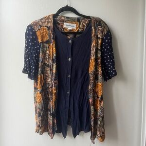 Vintage Navy, Gold, and Green Flower 2-Layer Blouse, Norton McNaughton, Size 14